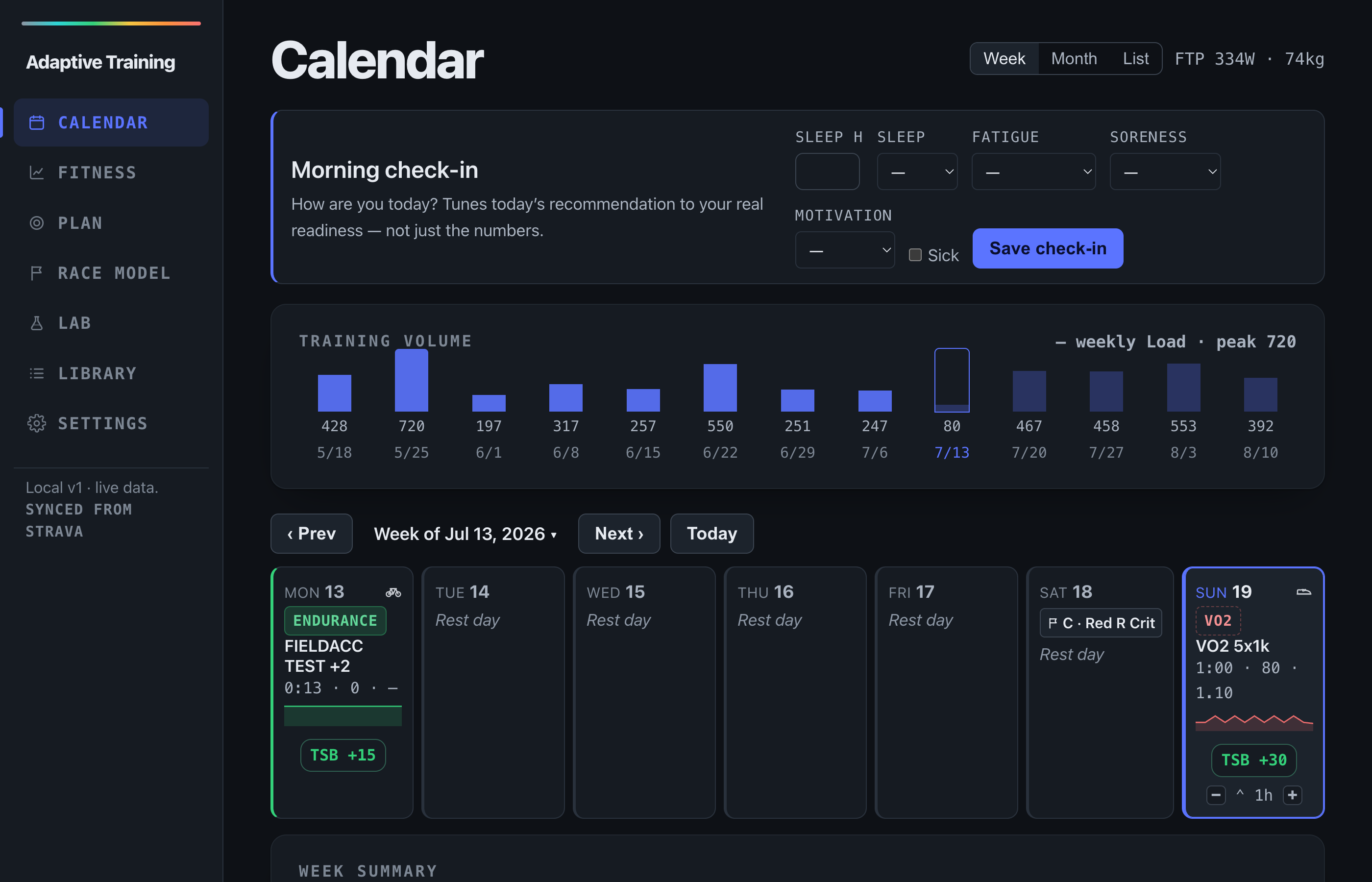Adaptive Training calendar — the training week with today's recommended session highlighted