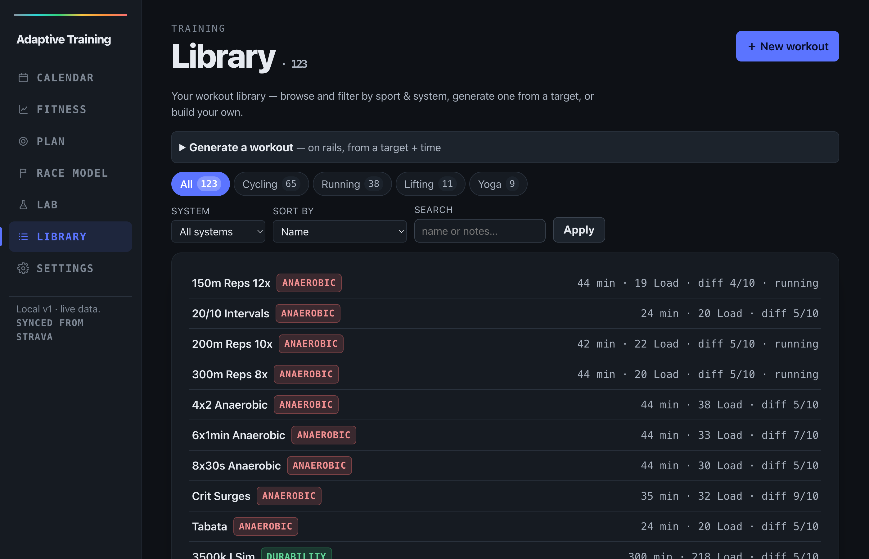Adaptive Training workout library — sessions filterable by sport, exportable to Zwift, Garmin, Wahoo, and TrainerRoad